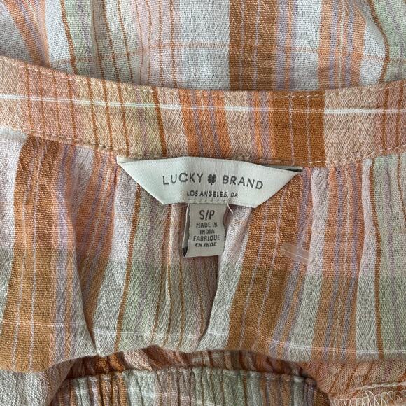 Lucky Brand Top Small Peach Blouse Tank Plaid Ruffle Flowy Rodeo Coastal Cowgirl - Picture 7 of 9